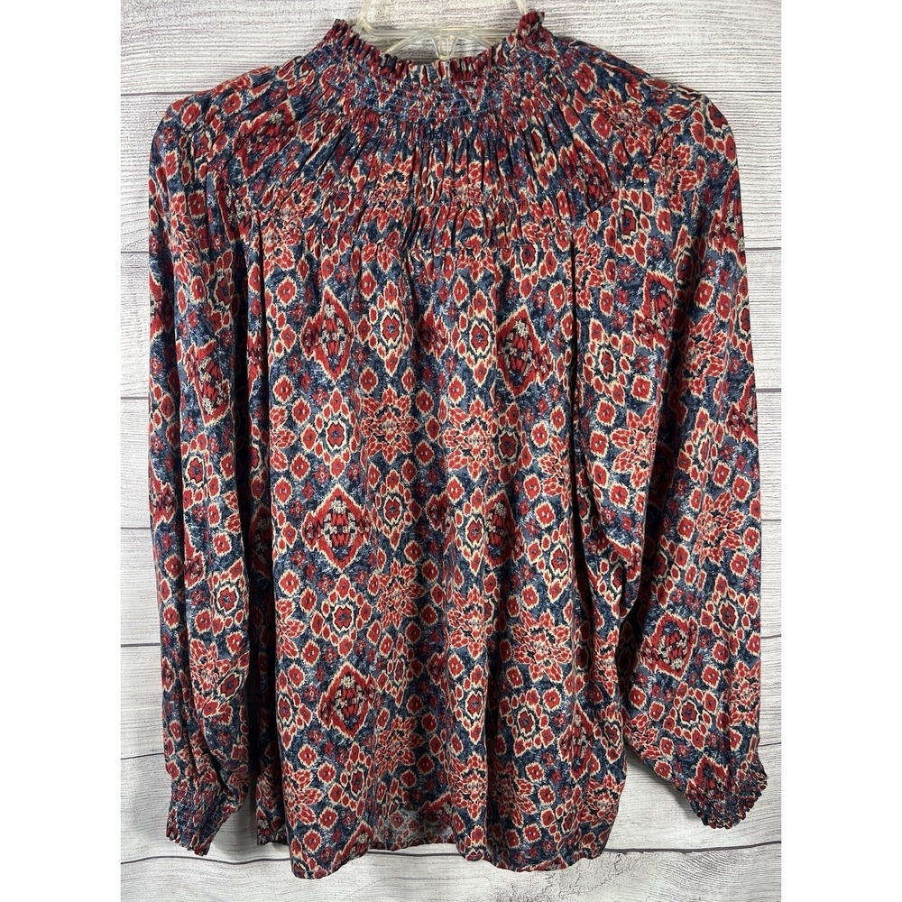 Beachlunchlounge Boho Smocked Neck Blouse Small Red Blue Tribal